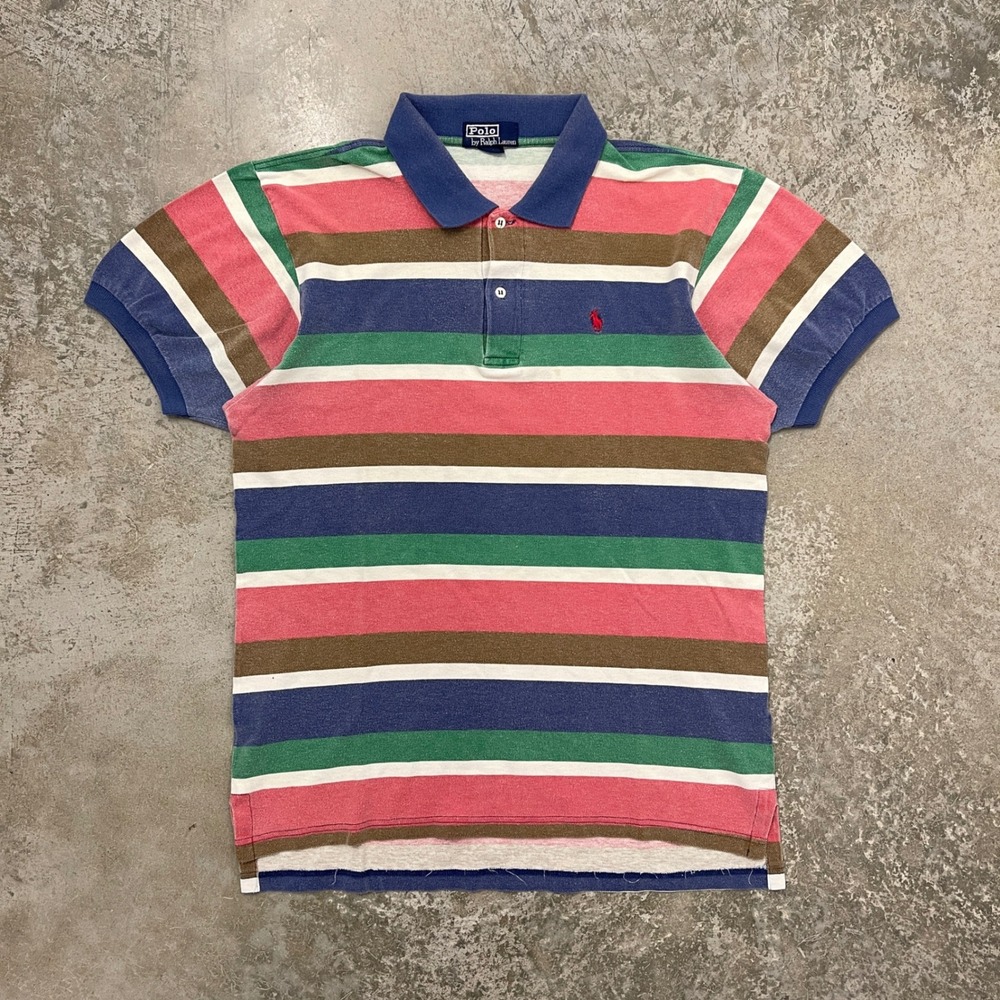 Polo Ralph Lauren Mens Multi Color Striped Cotton Pique Polo Shirt Blue Green L